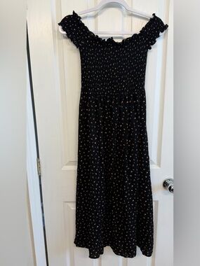F21 Off Shoulder Black Midi Dress with Tiny Floral Print